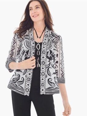 Chico's Border Print Kimono Jacket Sz 2 Large Black White Silk Cotton Vacation